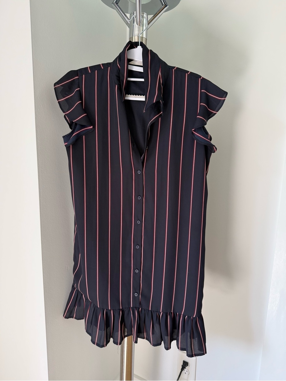 Women’s Black Stripe Ruffle Button-Front Shirt dress